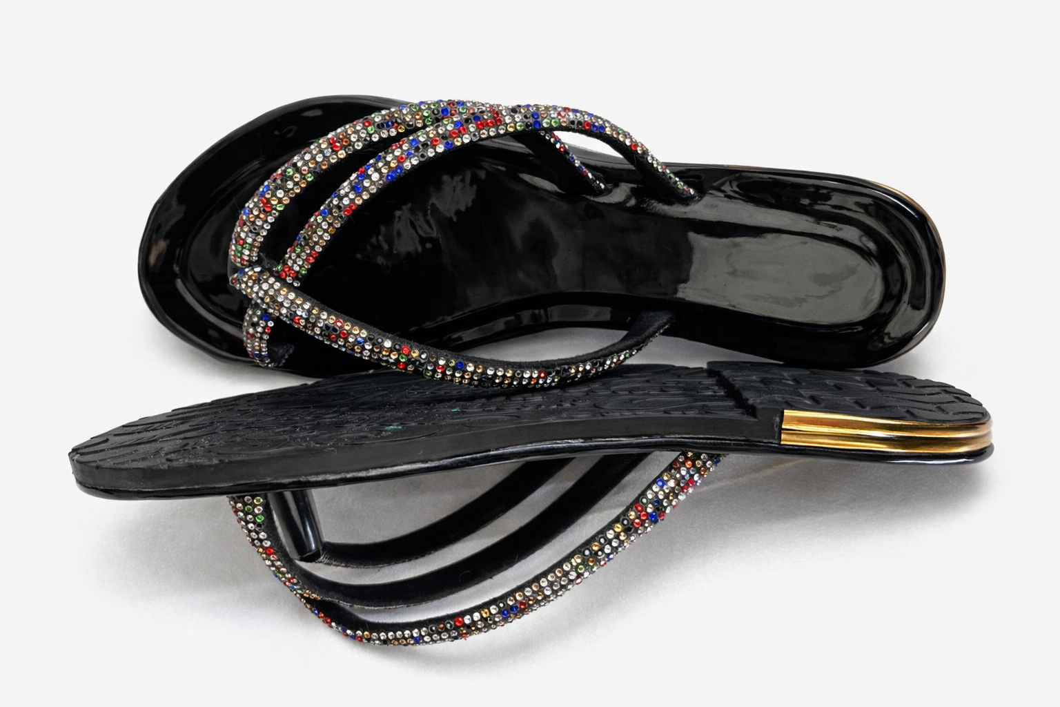 Embellished Flat Slide Sandals with Crystal Straps